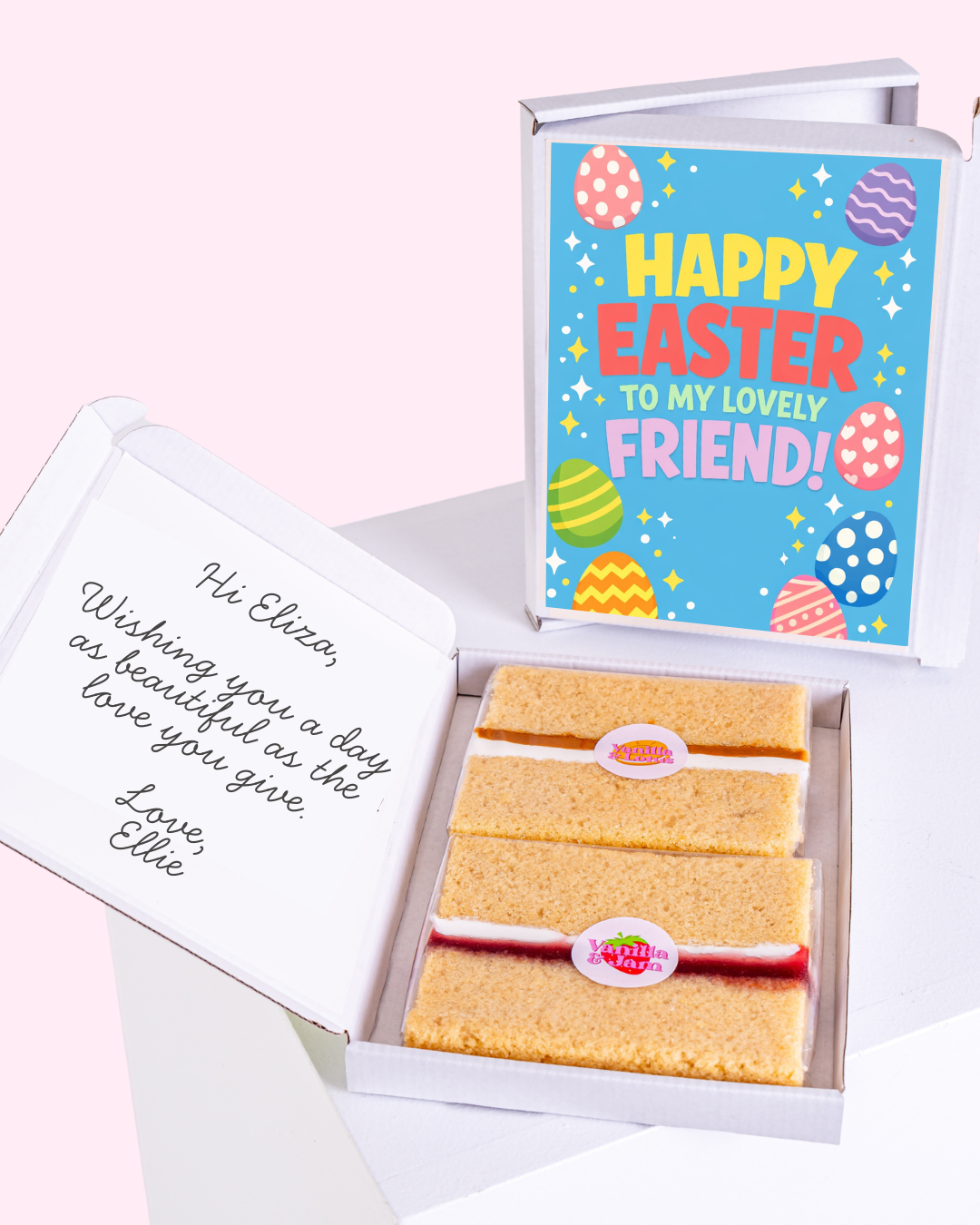 Easter cake card with a "Happy Easter to my lovely friend!" design and a personal message