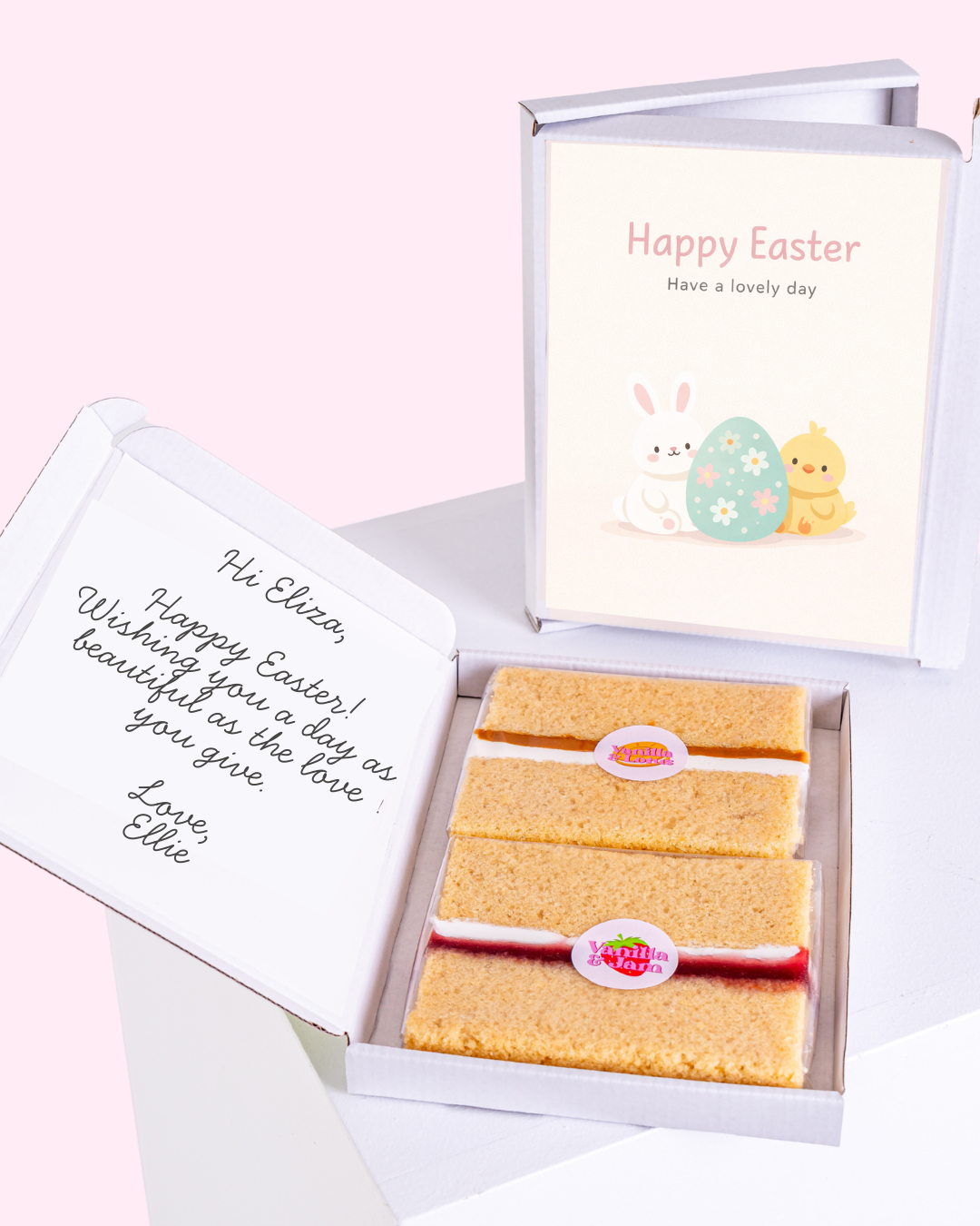 Easter cake card featuring a bunny, chick, and a decorated Easter egg, with a personal message inside.