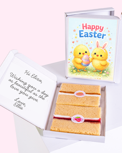 Easter cake card featuring two chicks with an Easter egg and a personal message inside.