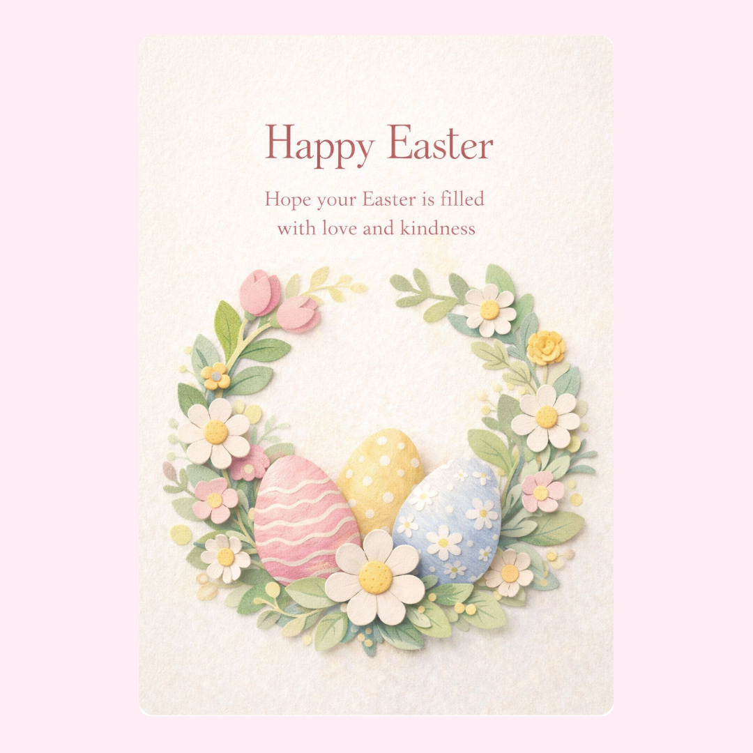 Happy Easter wreath with pastel-colored eggs and flowers.