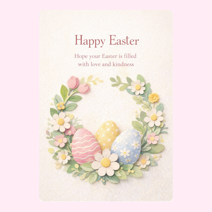 Happy Easter wreath with pastel-colored eggs and flowers.