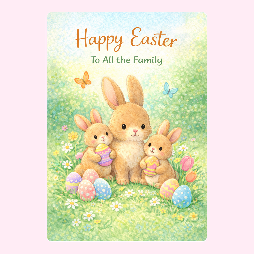 "Happy Easter to All the Family" card featuring a bunny family with Easter eggs.
