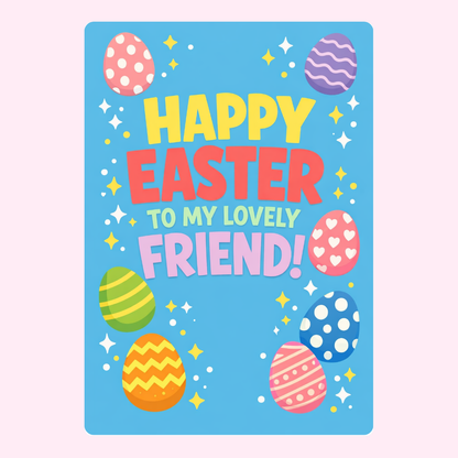 "Happy Easter to my lovely friend!" card featuring colorful Easter eggs and stars.