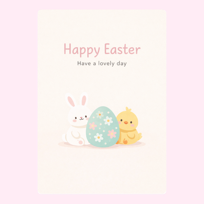 Happy Easter" card with a bunny, chick, and a decorated Easter egg.