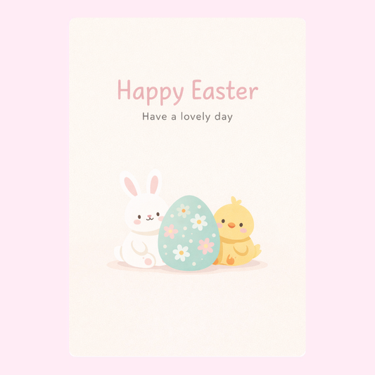 Happy Easter" card with a bunny, chick, and a decorated Easter egg.