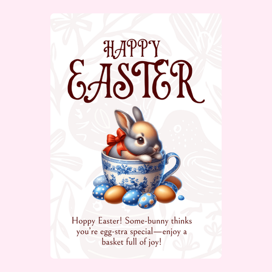 Easter card with a bunny sitting in a cup surrounded by colorful eggs and flowers.