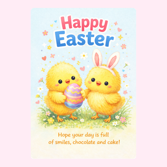 Happy Easter" card with two cute chicks holding a colorful Easter egg.
