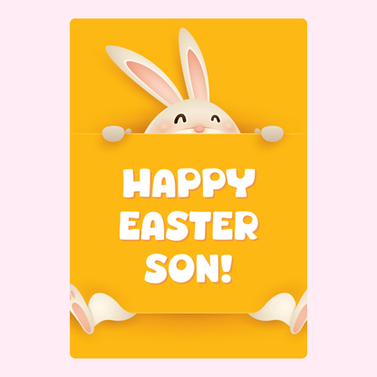 Easter greeting with a bunny holding a yellow card.
