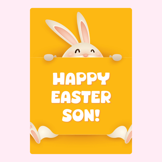 Easter greeting with a bunny holding a yellow card.
