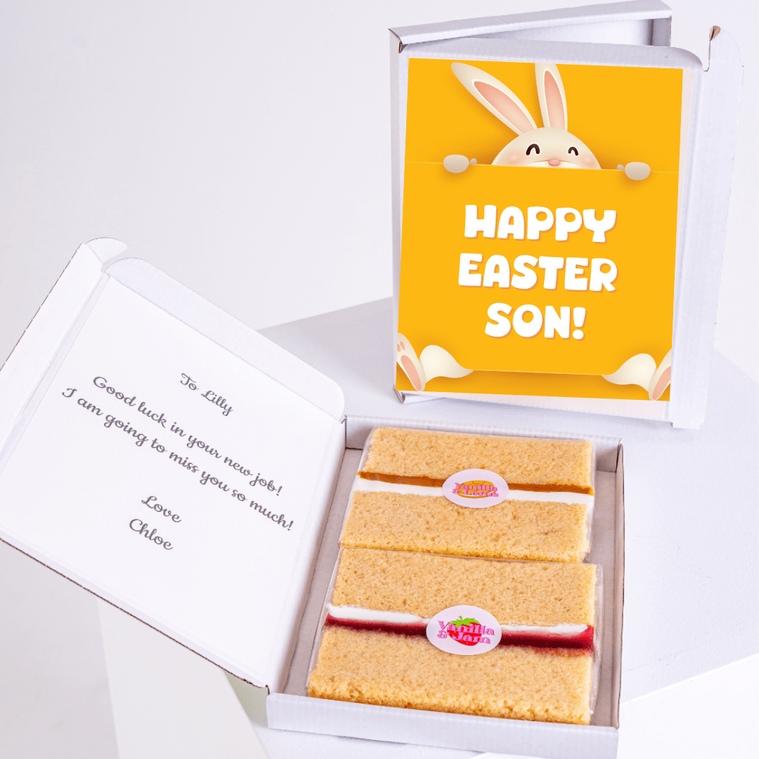Easter gift box with cake and greeting inside.