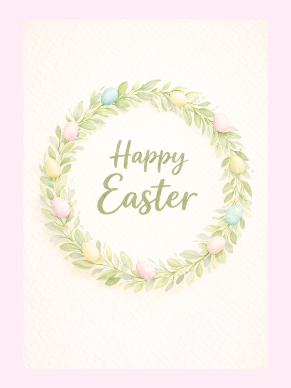 Easter wreath card with pastel-colored eggs and a "Happy Easter" message.