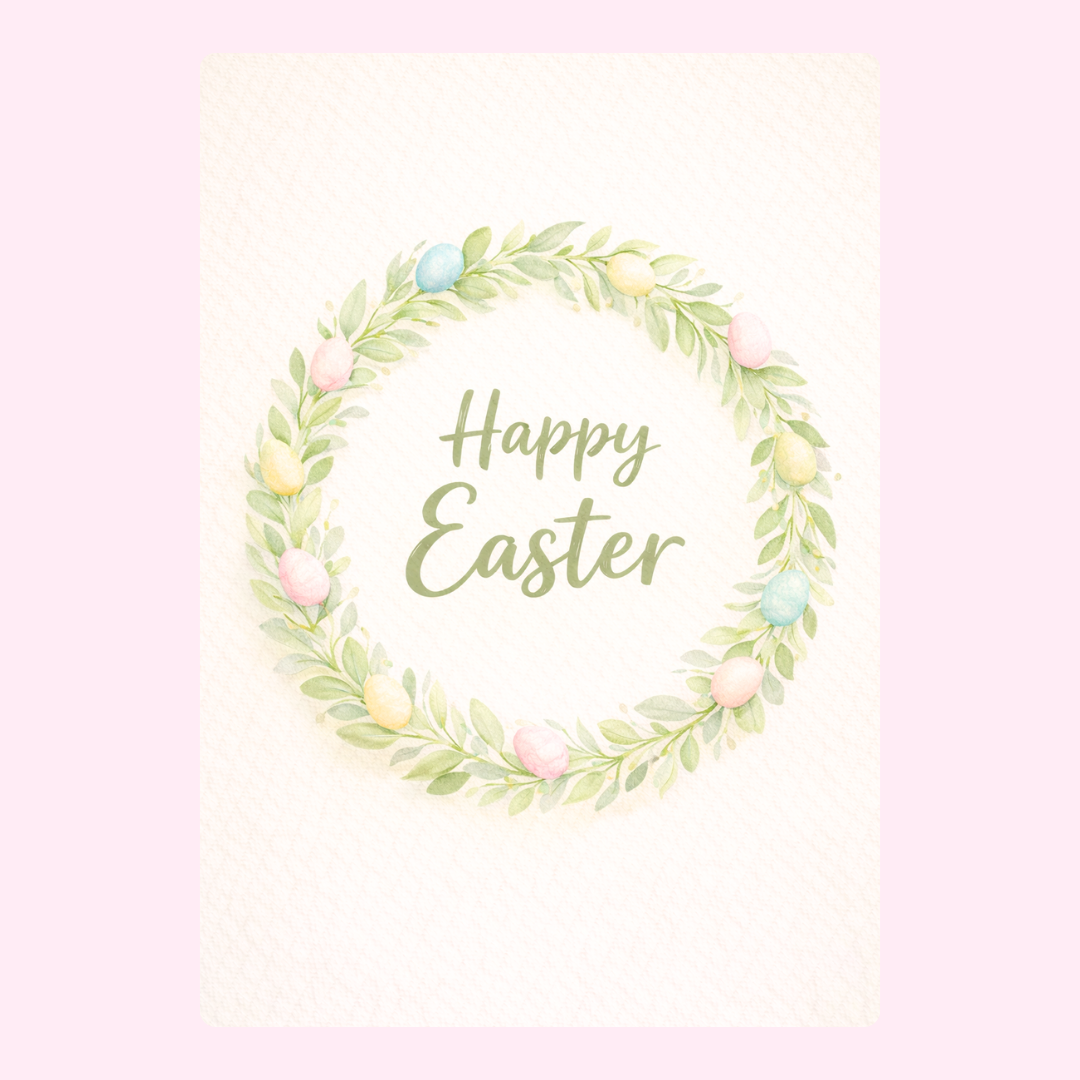 Easter wreath card with pastel-colored eggs and a "Happy Easter" message.