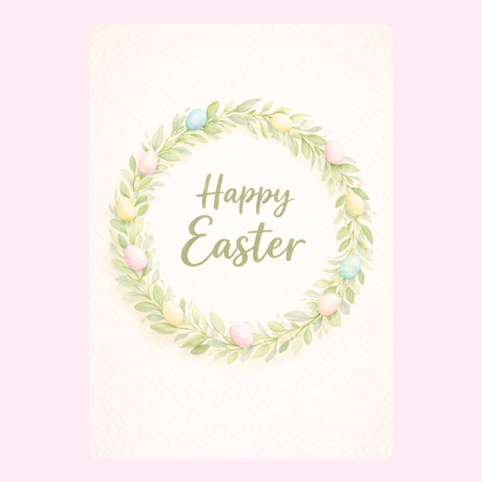 Easter wreath card with pastel-colored eggs and a "Happy Easter" message.