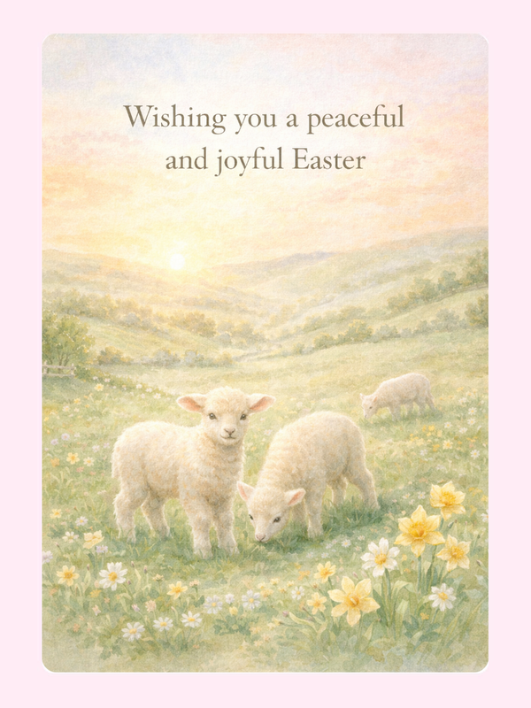 Easter card with lambs in a peaceful field and flowers.