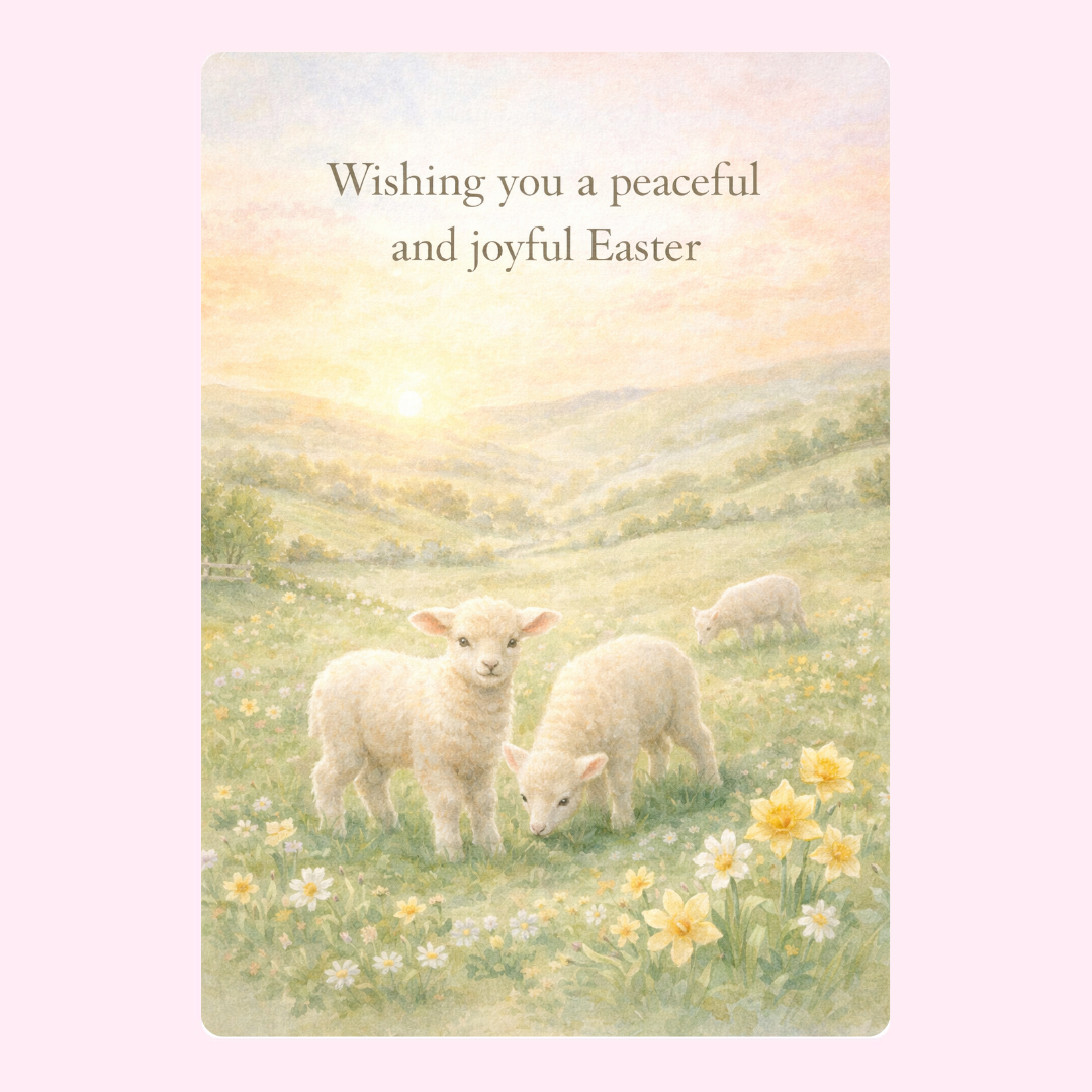 Easter card with lambs in a peaceful field and flowers.