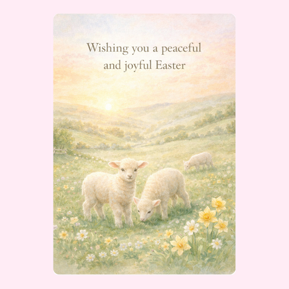 Easter card with lambs in a peaceful field and flowers.