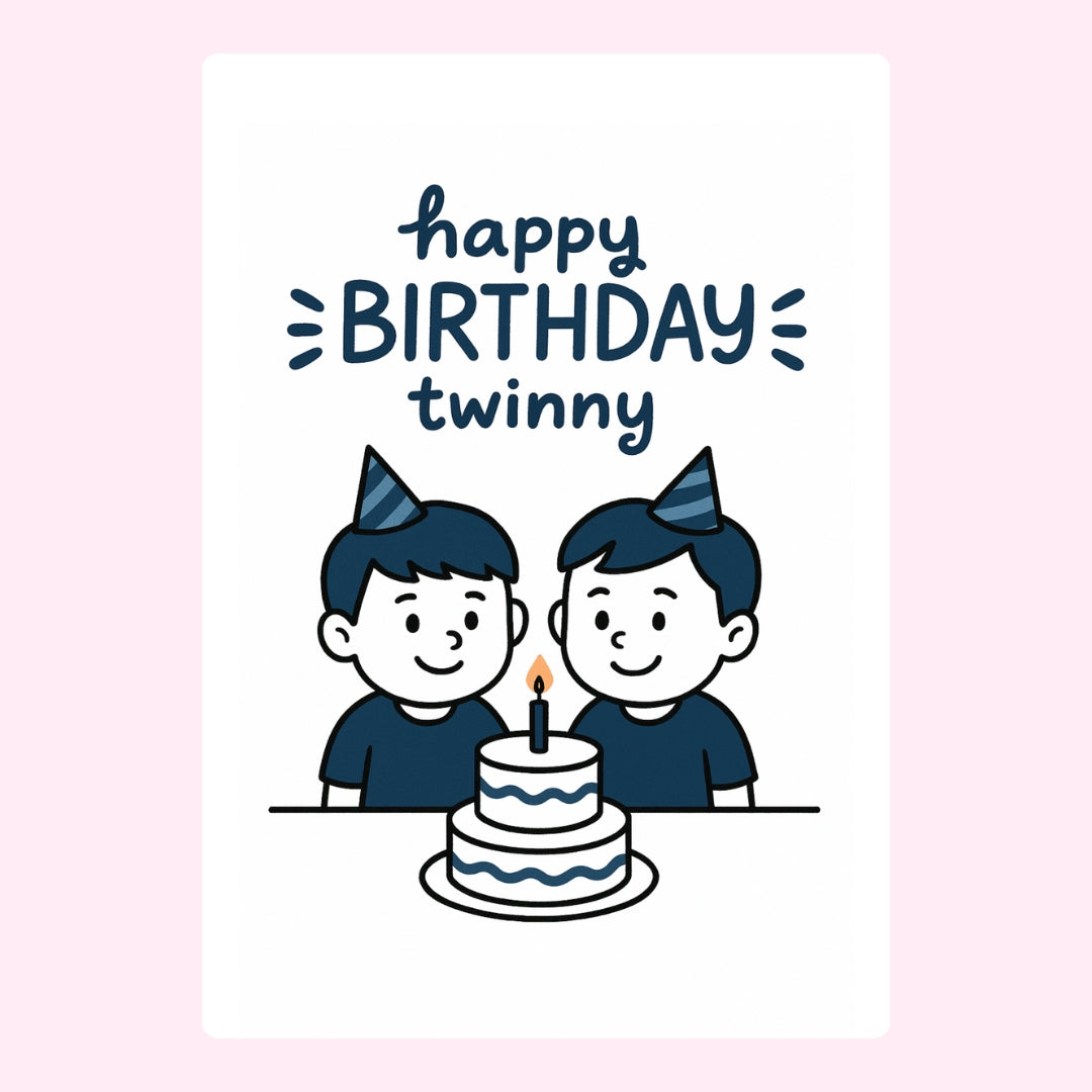 Happy birthday twin design with two boys and cake.