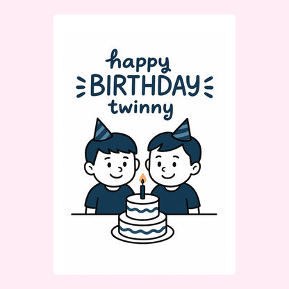 Happy birthday twin design with two boys and cake.
