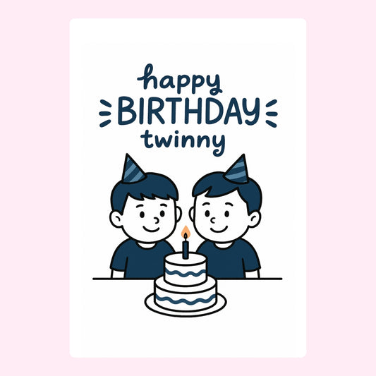 Happy birthday twin design with two boys and cake.