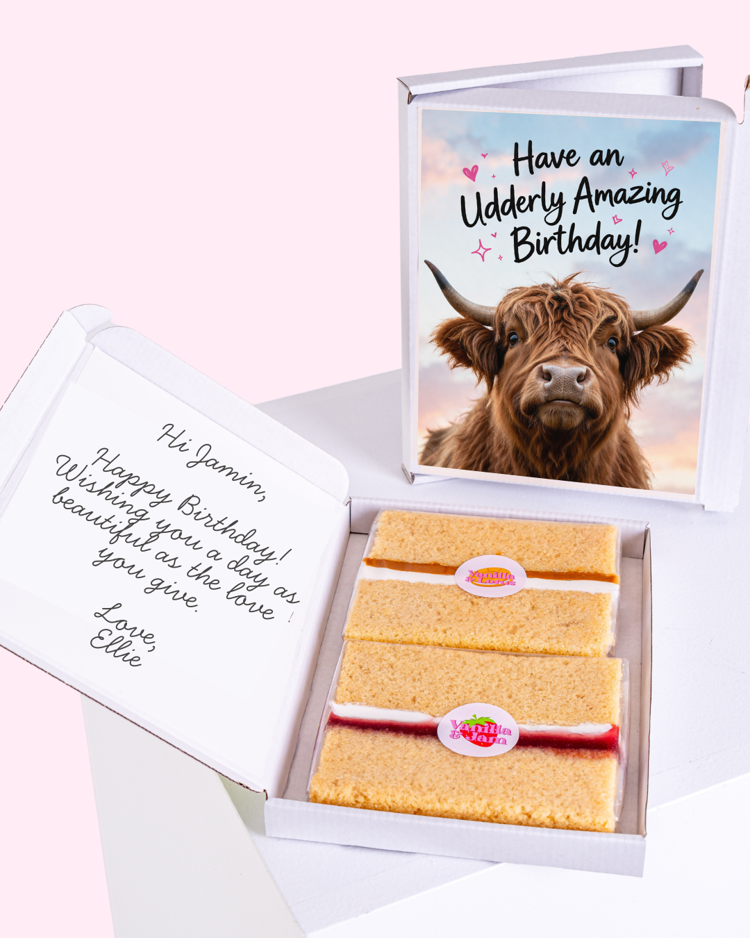 Highland cow on "Udderly Amazing Birthday" card, with vanilla biscuits inside