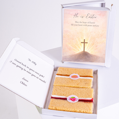 Easter cake card with a cross design and "He is Easter" message, along with a personal message inside.