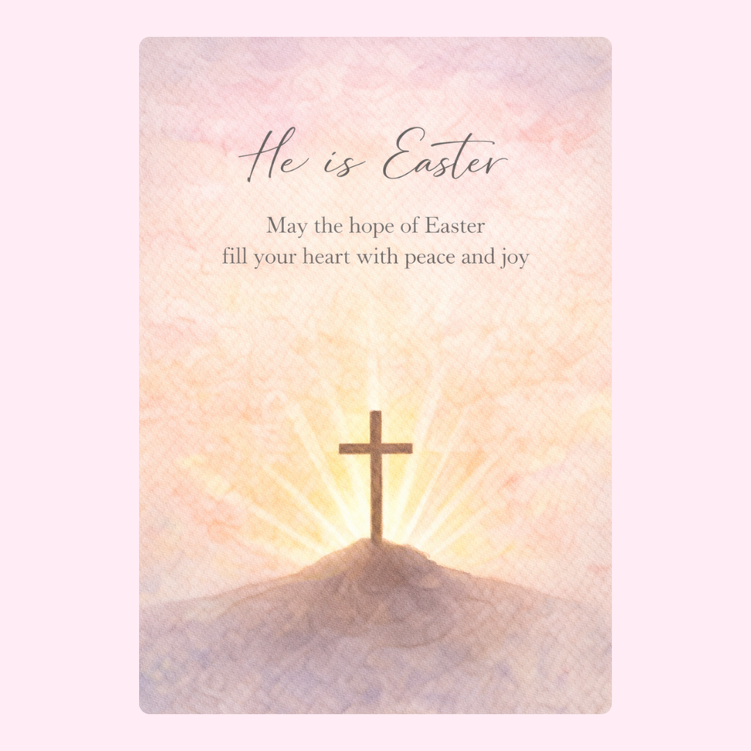 Easter card featuring a cross with a glowing light and a peaceful Easter message.