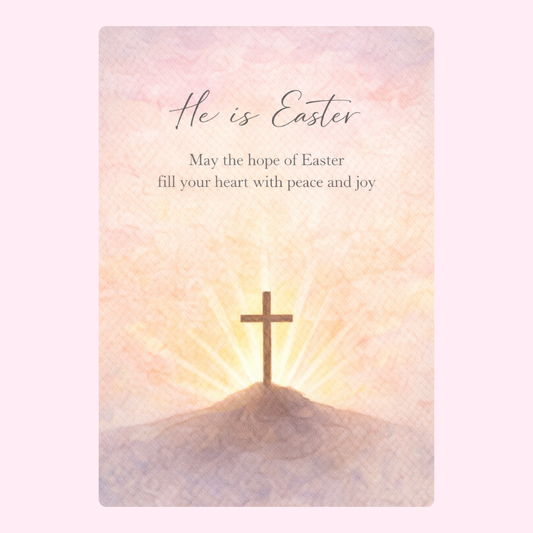 Easter card featuring a cross with a glowing light and a peaceful Easter message.