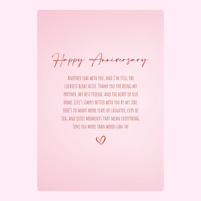 Heartfelt anniversary message on a soft pink background.