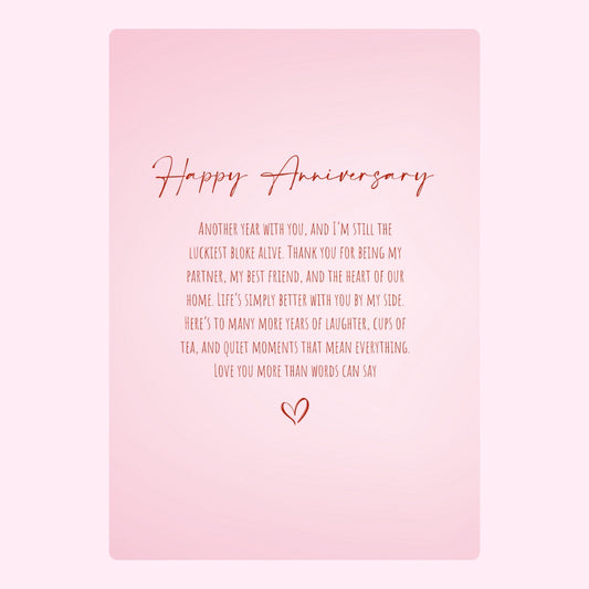 Heartfelt anniversary message on a soft pink background.