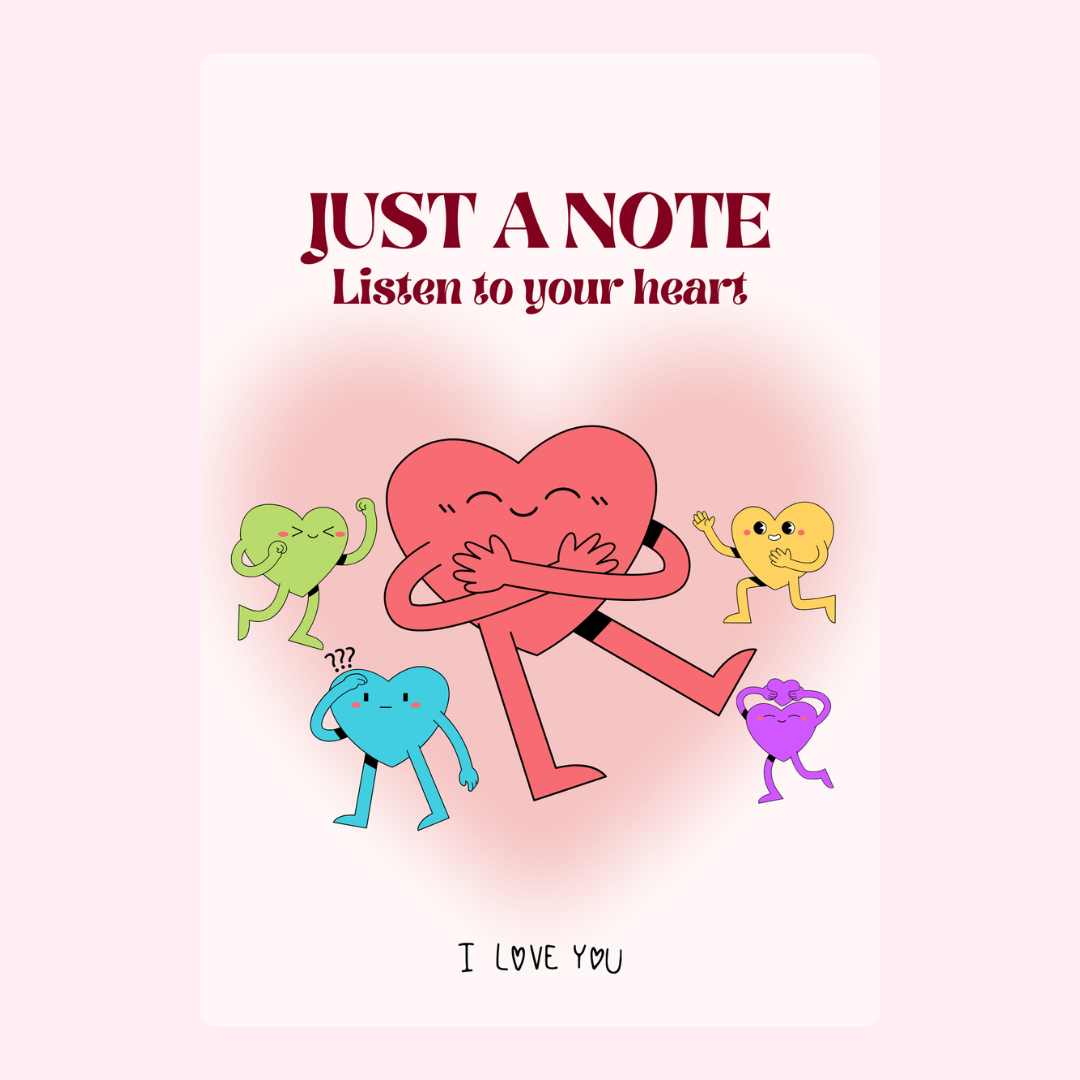 Listen to your heart card with dancing hearts