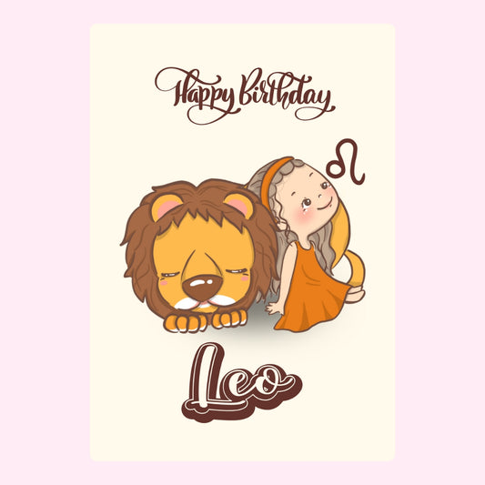 Leo birthday greeting with cartoon lion.