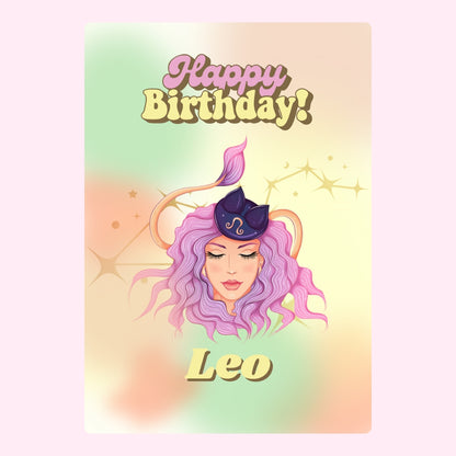 Leo birthday greeting with pastel colours and illustration.