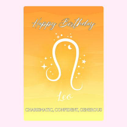 Leo birthday greeting with traits 'Charismatic, Confident, Generous.