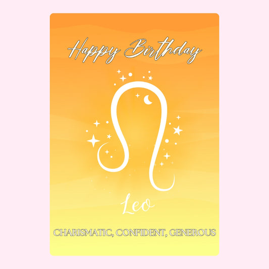 Leo birthday greeting with traits 'Charismatic, Confident, Generous.