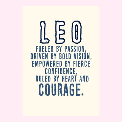 Leo birthday greeting with traits like 'Fueled by passion.