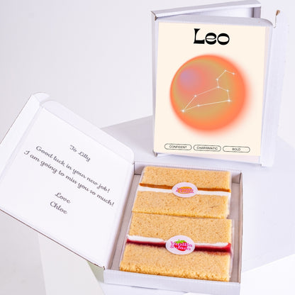 Leo zodiac gift box with message and three vanilla slices.