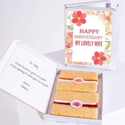 Letterbox anniversary gift with floral message for wife and treats inside.