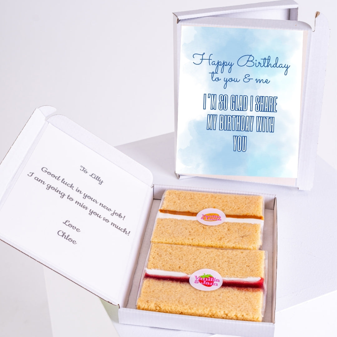 Letterbox birthday cake gift with blue twin design and message
