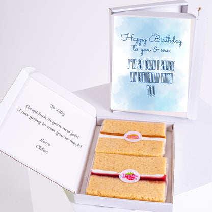 Letterbox birthday cake gift with blue twin design and message
