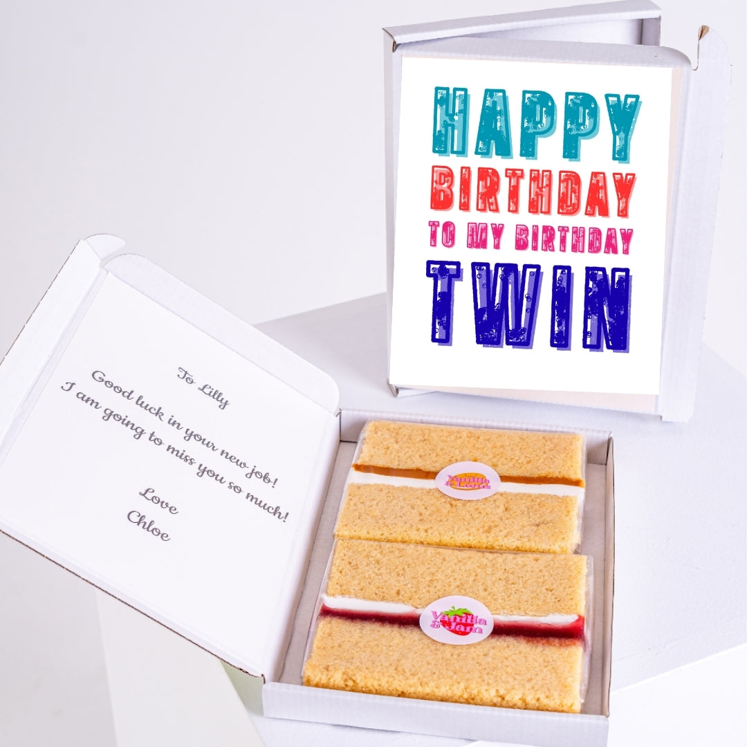 Letterbox birthday cake gift with twin design and message