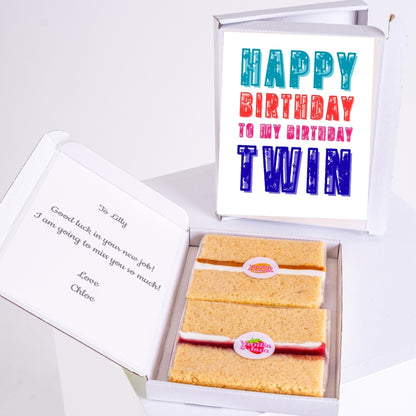 Letterbox birthday cake gift with twin design and message