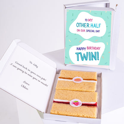 Letterbox birthday cake gift with twin message design.