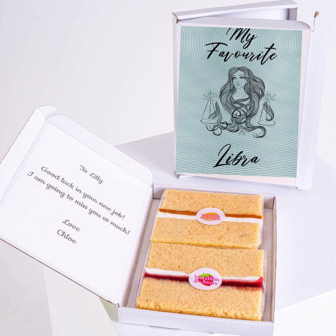 Libra birthday gift box with personalised message and cake slices