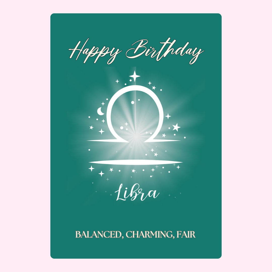 Libra birthday with astrological symbol and stars.
