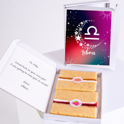 Libra design with cake slices and personal message.