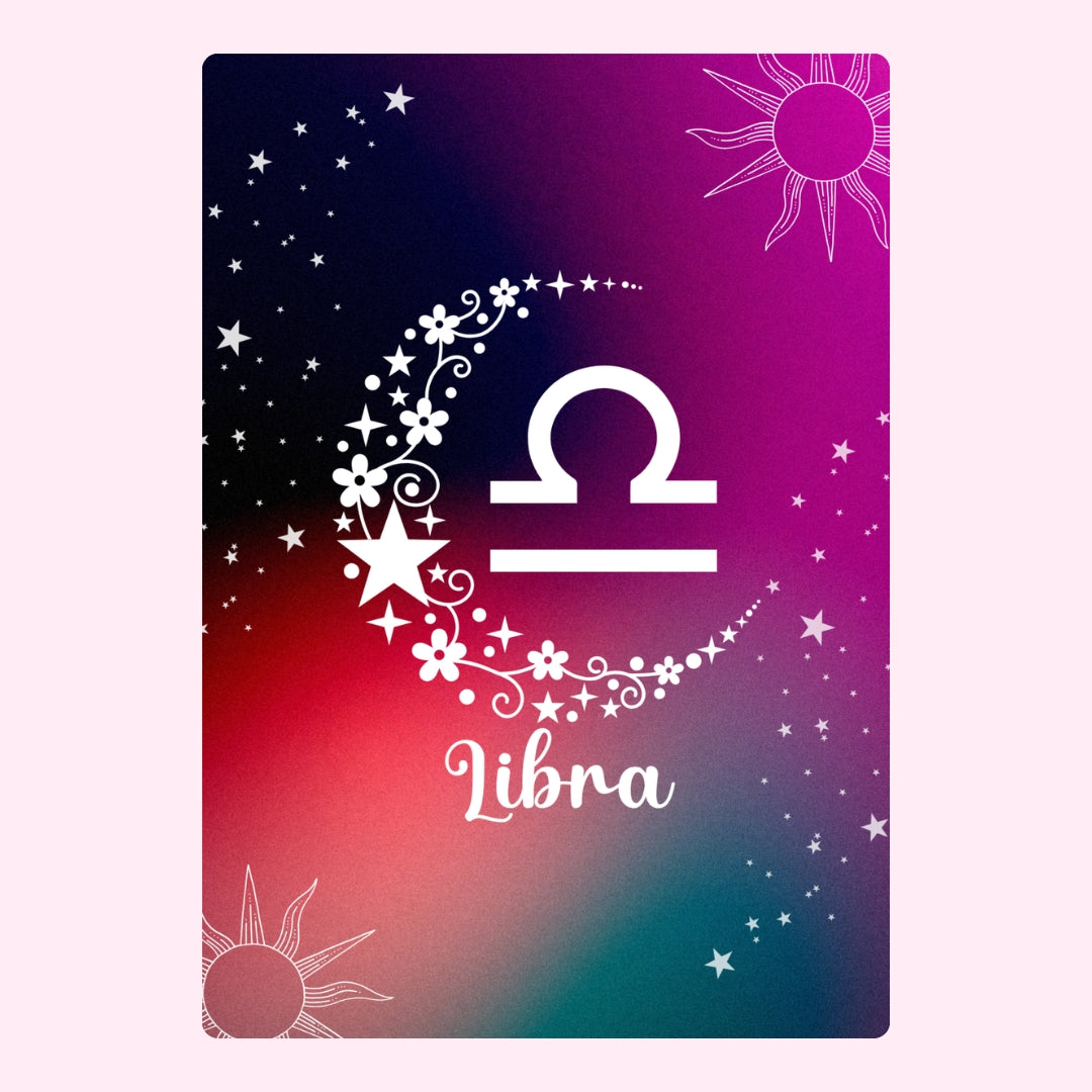 Libra zodiac symbol with stars and flowers.