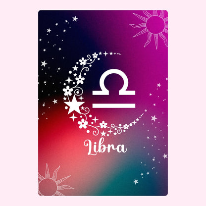 Libra zodiac symbol with stars and flowers.