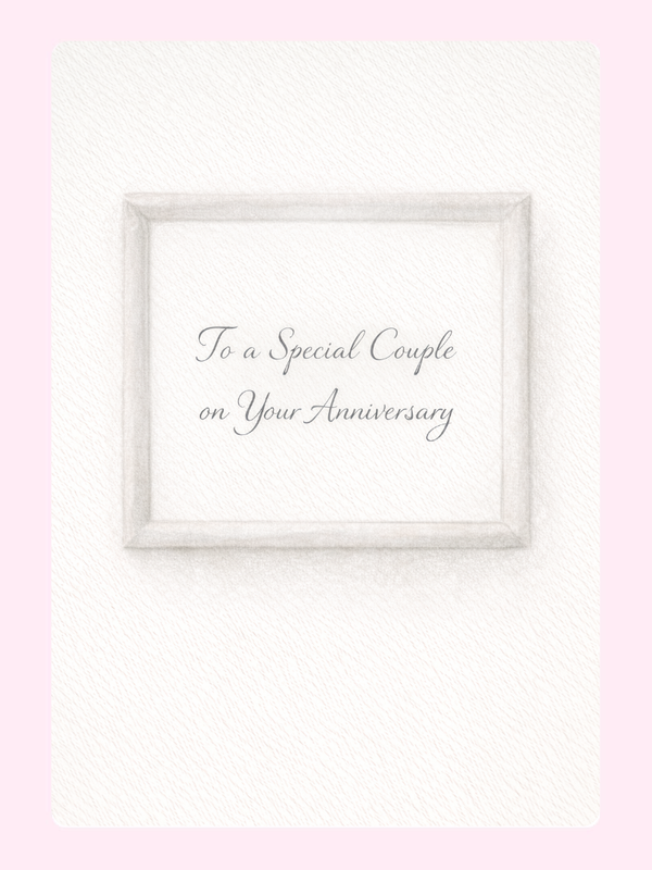 White Frame To A Special Couple Anniversary Cake Card letterbox cake card with freshly baked cake slices