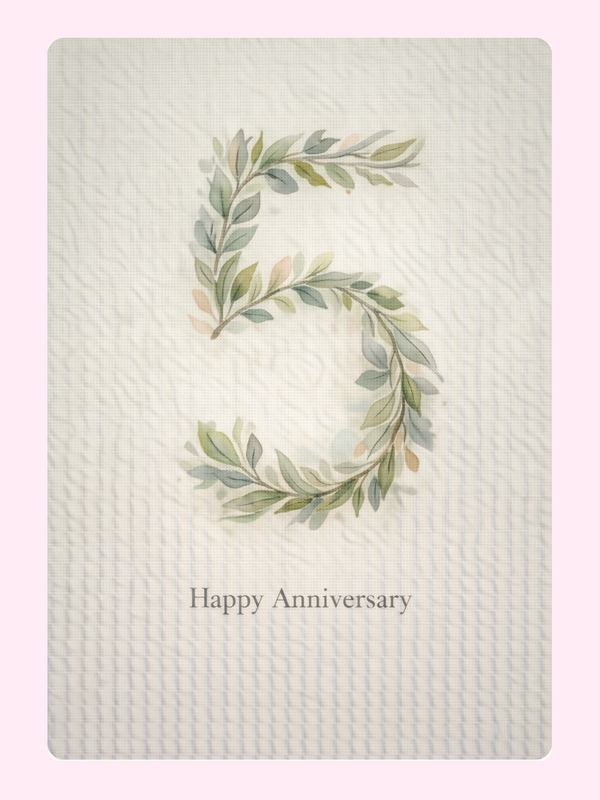 Botanical Five 5th Anniversary Cake Card letterbox cake card with freshly baked cake slices