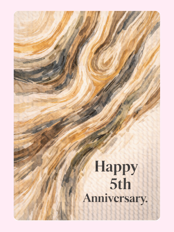 Wood Grain 5th Anniversary Cake Card letterbox cake card with freshly baked cake slices